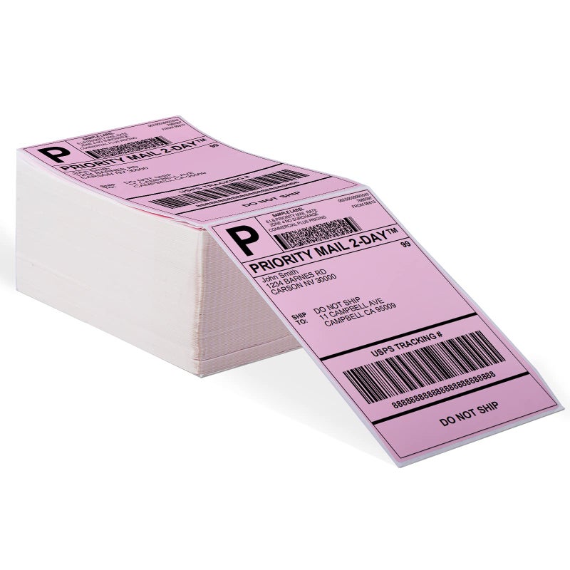 Memoking ملصقات حزمة Memoking - ملصقات حرارية قابلة للطي مقاس 4 بوصات × 6 بوصات، ملصق شحن مباشر ذاتي اللصق، ورق طابعة ملصقات حرارية خالية من BPA، متوافق مع Rollo وMUNBYN وZebra وFargo، 500 قطعة - وردي - Image 1